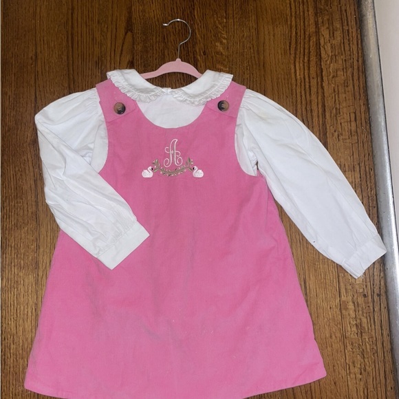 TBBC courdaroy jumperdress w custom hand embroidered swans w/ “A” in the middle